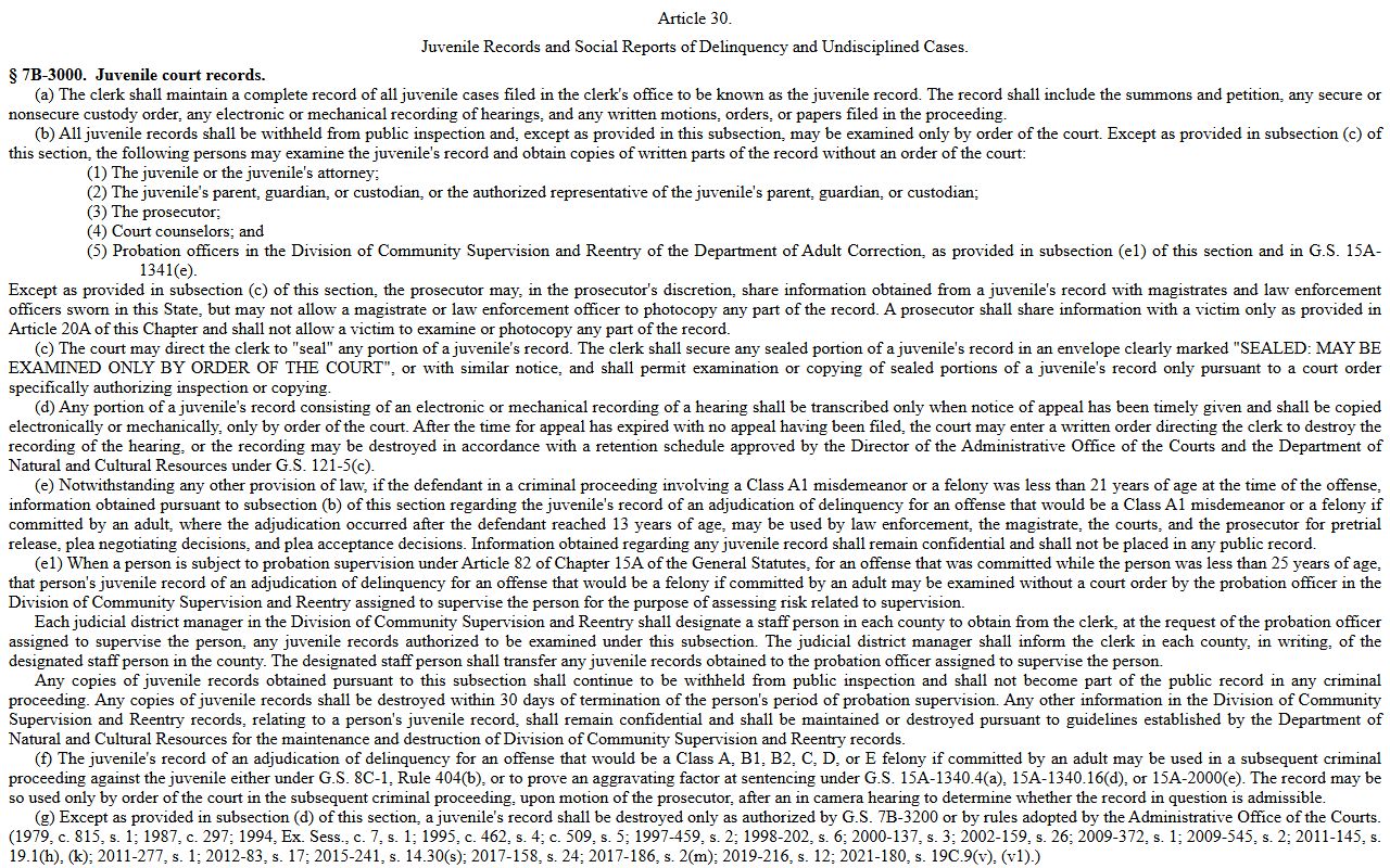 Nash County arrest records and court charges juvenile delinquency confidentiality statute