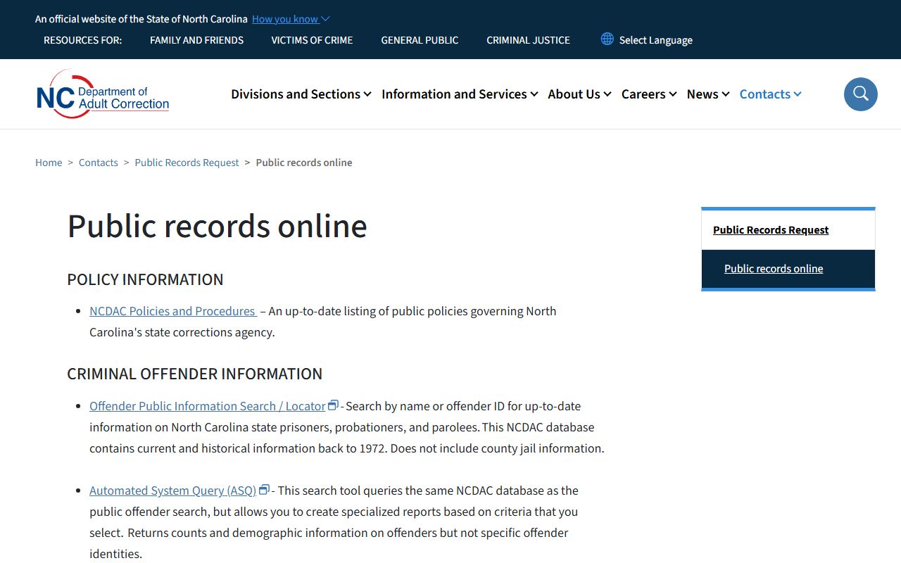 Nash County criminal court records NC DAC public records online