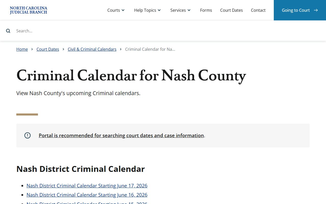 Nash County criminal court records calendar search